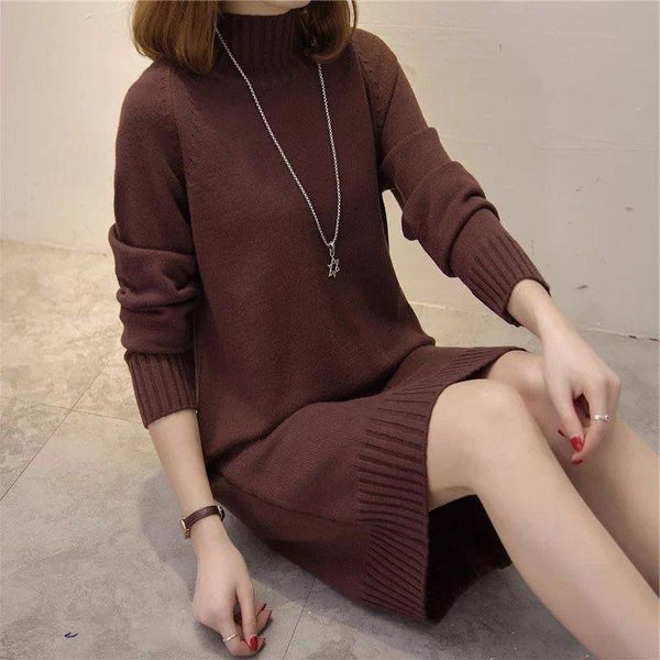 

qrwr 2021 women sweaters autumn winter half high collar mid length solid color knitted sweater casual basic sweater dress women, Black;pink