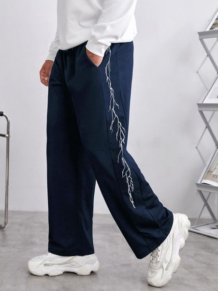 

men lightning print drawstring waist sweatpants y7qt#, Black