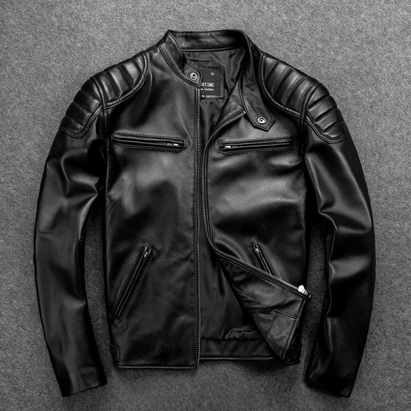 

men's leather & faux autumn arrival genuine jacket sheepskin real coat motorcycle riding, Black