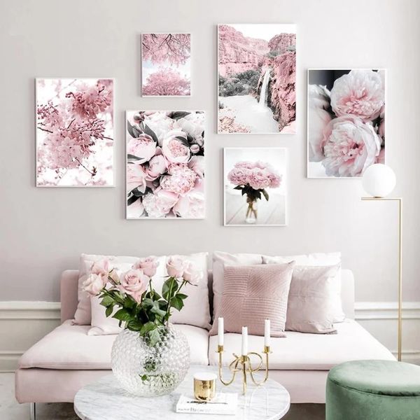 

paintings landscape canvas painting cherry blossom peony flower nordic posters and prints mountain wall art living room decor