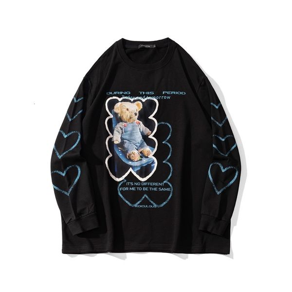 

ins high street bear love printing loose long sleeve t-shirt men's and women's thin oversize round neck sweater, Black