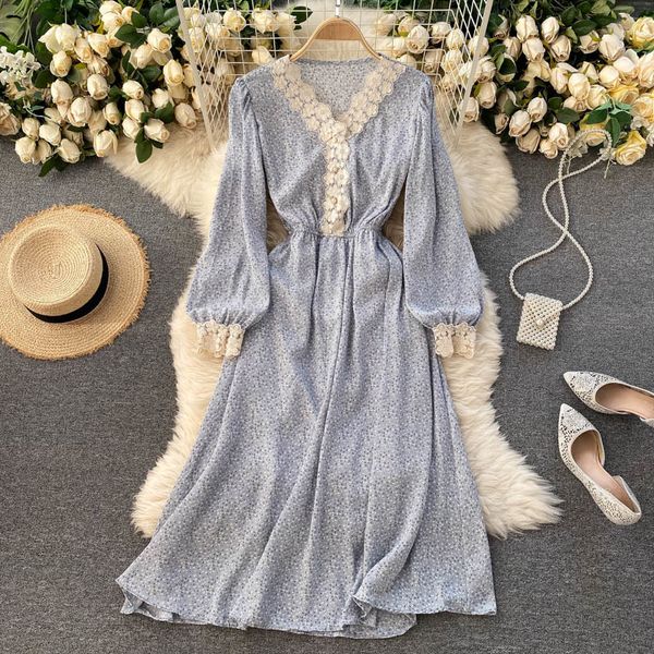 

dresses women french floral sweet splice lace v neck sleeve a-line es autumn bohemian print holiday midi, Black;gray