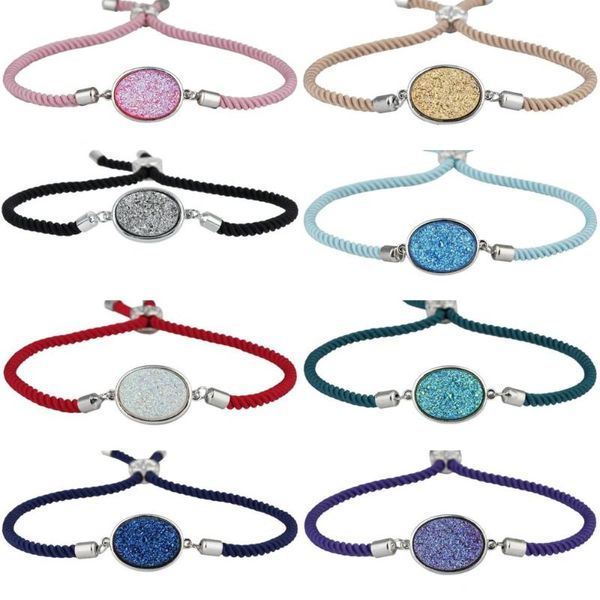 

charm bracelets sunyik oval natural crystal druzy titanium coated macrame adjustable friendship bracelet,cord 8.5", Golden;silver