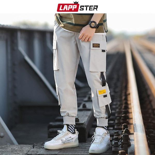 

men's pants lappster men ribbons streetwear sweatpants 2021 mens military hip hop cargo male japanese fashions joggers toursers, Black