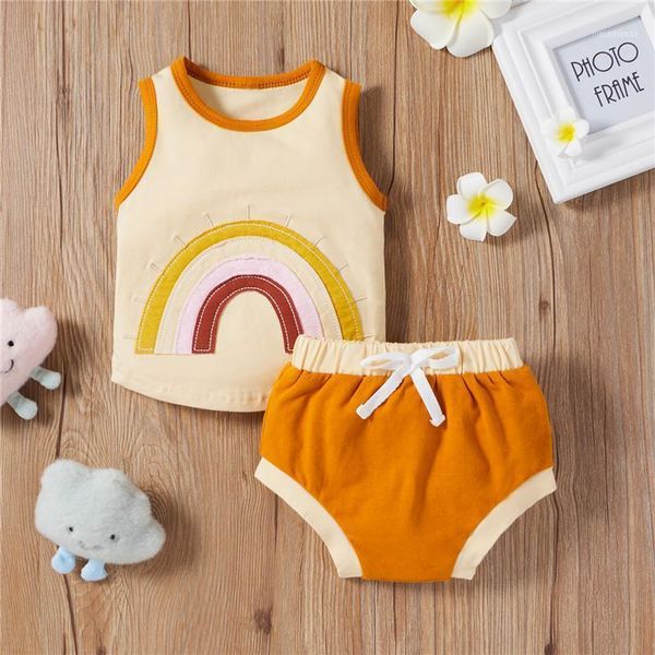 

clothing sets summer 2021 babies girls boys casual clothes set cotton rainbow printed pattern vest+shorts toddler infant 2pcs outfits1, White