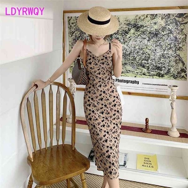 Ldyrwqy estate stile francese stile floreale temperamento vintage halter moda sexy vestito ufficio signora scollo a V 210416