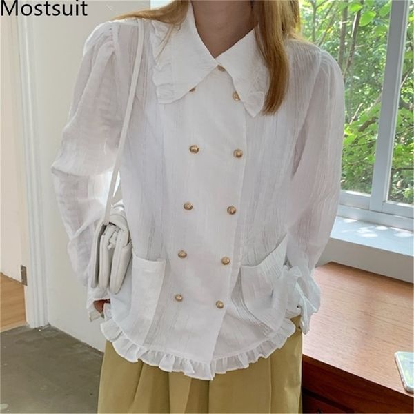 

autumn korean double-breasted gold buttons blouses shirts women long sleeve turn-down collar ruffles vintage elegant 210513, White