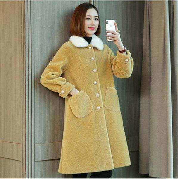 

women's fur & faux sheep shearling coat female long 2021 winter slim mink collar granular wool, Black
