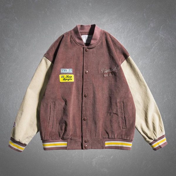 

spring baseball collar jacket men japanese embroidery patchwork college style coats male casual oversized jackets mens men's, Black;brown