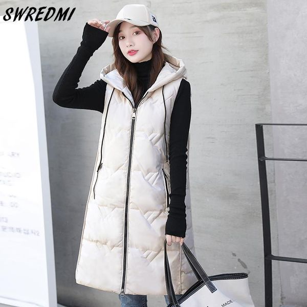 

women's vests swredmi long waistcoat women hooded cotton warm vest outerwear students hat rope snow wear parka coat sleeveless, Black;white
