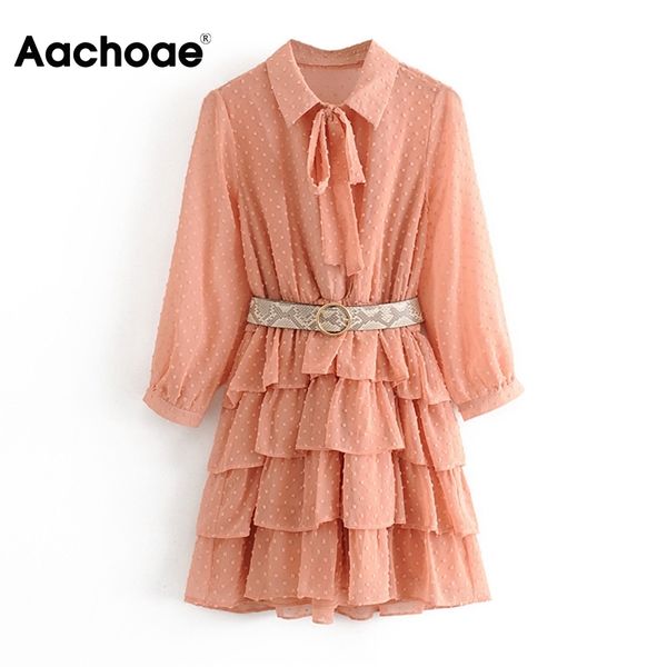 

aachoae pink color dot embroidery chic chiffon dress bow tie collar bandage bud dresses lady see through sleeve mini dress women 210413, Black;gray