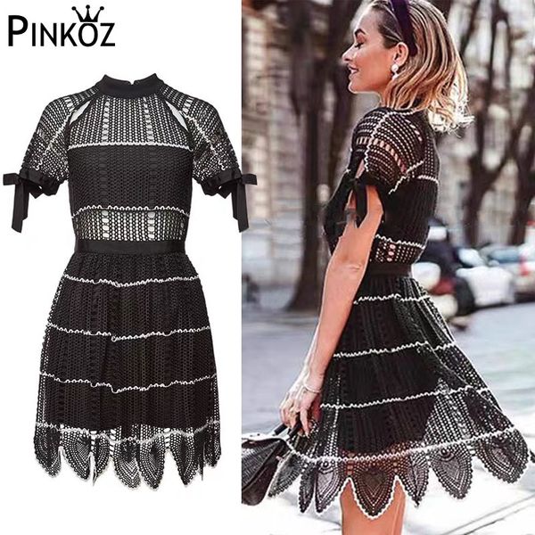 

summer runway elegant black lace dress women's short sleeve hollow out embroidery bohemian ladies vacation 210421, Black;gray