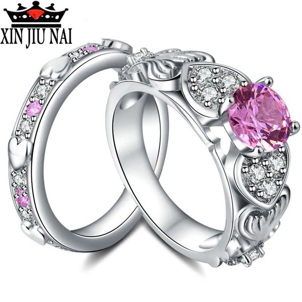 

cluster rings 2/pc romantic heart shape crystal engagement wedding ring for women pink/red gems sets anniversary party jewelry gifts, Golden;silver