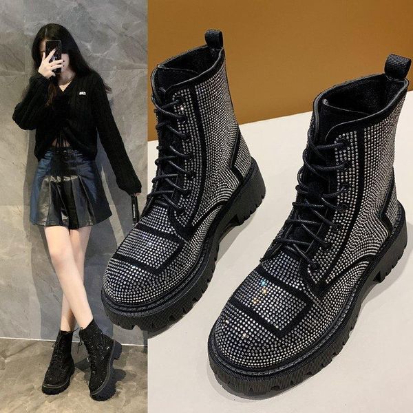 

boots winter women pumps dress platform fashion rhinestone lace up round toe mid heels snow botas shoes, Black