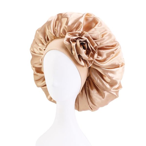 

beanie/skull caps solid women bonnet extra large satin with wide stretch big flower decor hair care cap night sleep hat silky head wrap show, Blue;gray