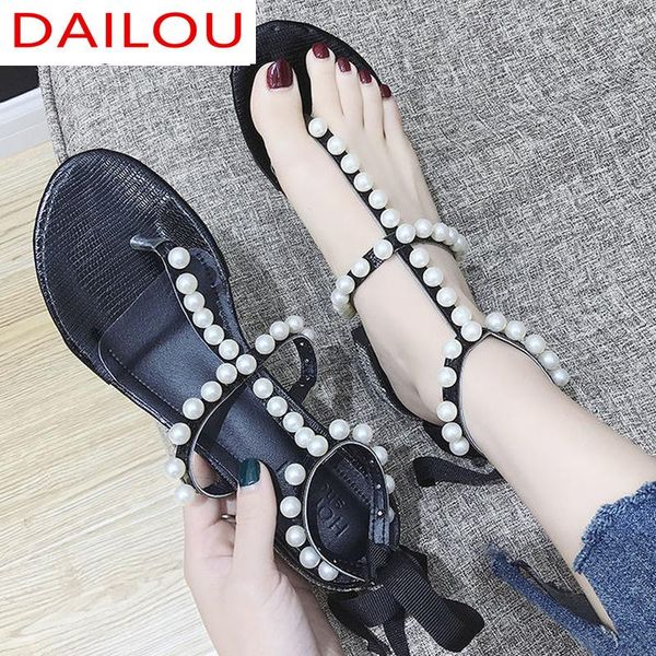 

shoes for women 2021 summer sandals fashion gladiator pearl ankle strap platform low heel bling open toe, Black