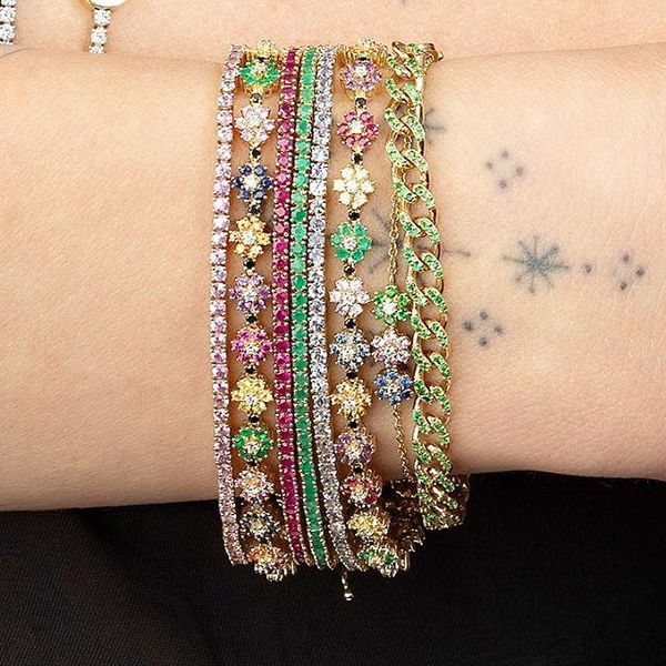 

link, chain 2021 gold silver color flower charm colourful cz fashion jewelry for women lucky rainbow multi trendy bangle bracelet, Black