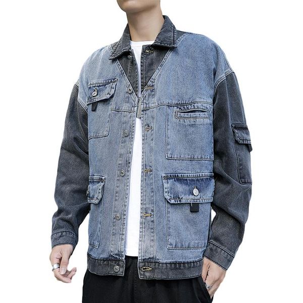 

men's jackets fashion fake two piece denim jacket color matching loose korean style men, Black;brown