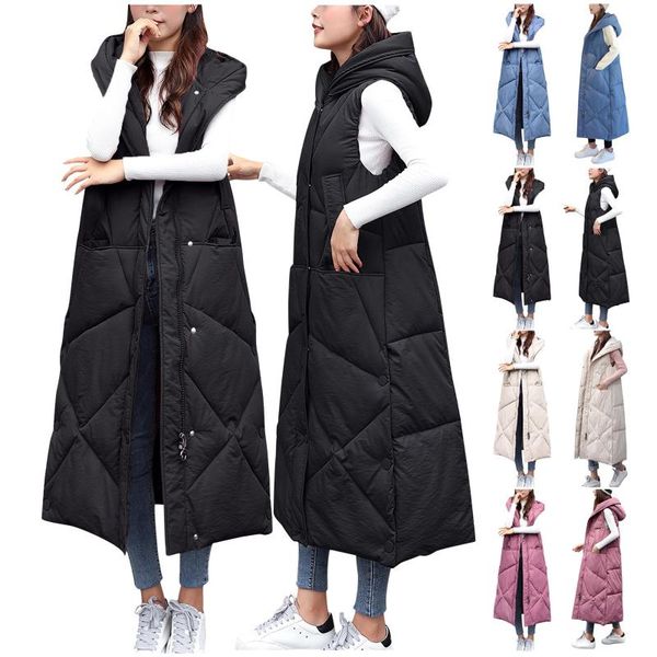 

women's vests autumn winter cotton vest women ladies casual waistcoat female sleeveless long jacket slim fit warm hooded coat, Black;white