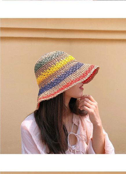 

wide brim hats straw hat women's small fresh woven fisherman rainbow beach summer sunshade sun seaside sunscreen big, Blue;gray