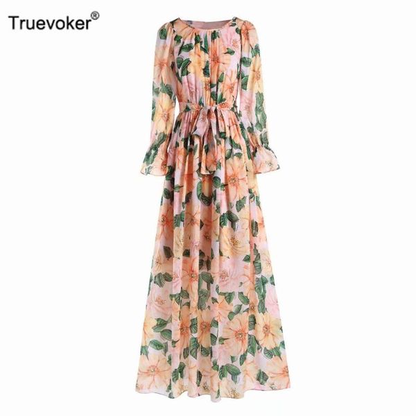 

casual dresses truevoker runway designer maxi long dress women elegant full sleeve yellow flower print prom robe ankle length festa vestidos, Black;gray