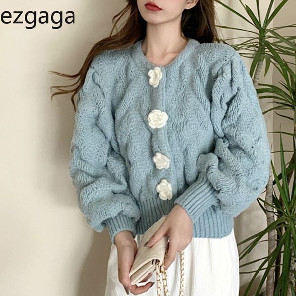 

ezgaga croppedsweater women korean outwear winter spring tender flower button warm knitted cardigan sweet chic fashion 210430, White