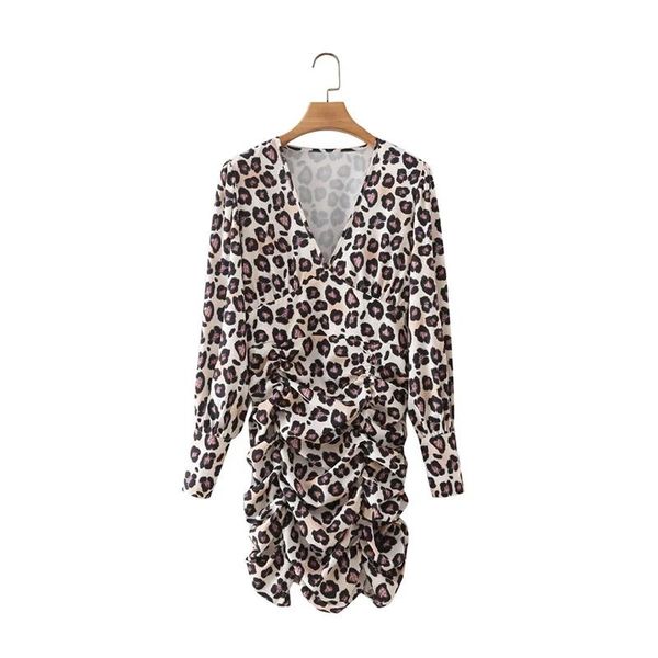 

casual dresses women leopard print deep v neck pleated mini dress female long sleeve clothes lady loose vestido d8526, Black;gray