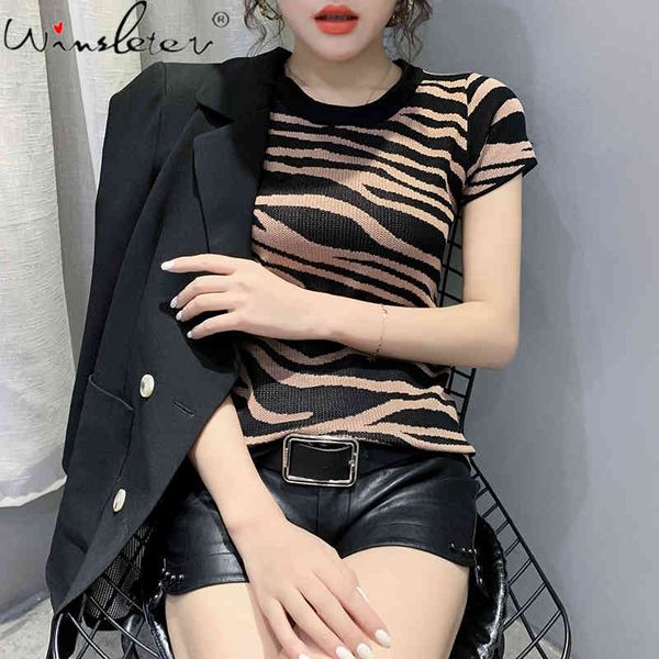 

women's t-shirt summer european knitted t-shirt fashion zebra pattern sweater color matching bottoming shirt tee 2021 t13801a, White