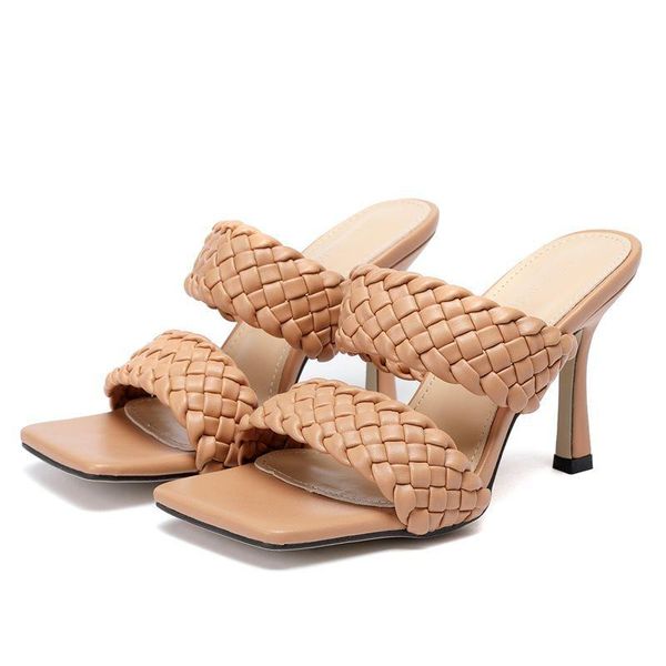 

slippers leather braided high heels women runway party shoes woman cross wove folds mules thin heel sandals, Black