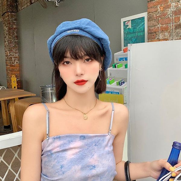 

senior dark pattern beret women's summer style korean version of the wild literary retro painter hat octagonal berets, Blue;gray