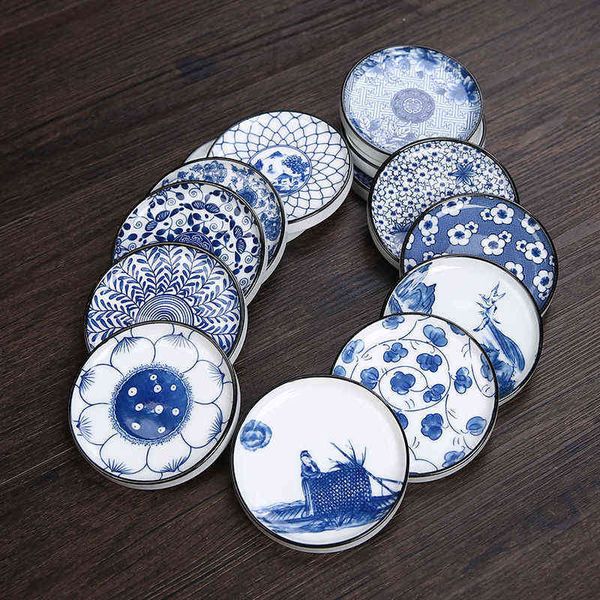 Tapete de chá de cerâmica tapete de xícara de porcelana azul e branco almofada agregado familiar kung fu chá conjunto acessório coaster japonês tapete de isolamento cx220117