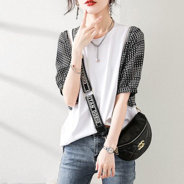 

women's polos fashion casual splice bump color all-match loose t shirt, White