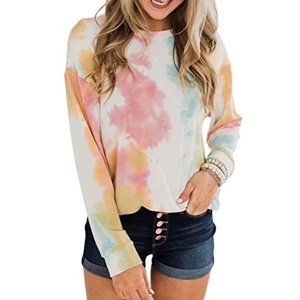 

women casual o-neck tie-dye pullover long sleeve streetwear loose 2021 arrival autumn winter fashion tracksuits shirts women's blouses, White