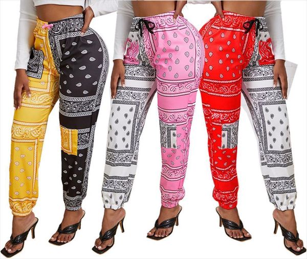 

sportwear bandanna paisley print women capri jogger activewear fashion patchwork trousers draped sweatpants, Black;white