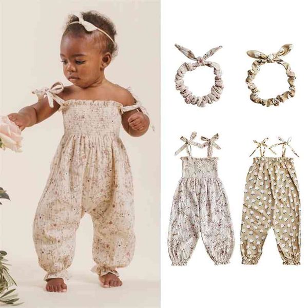 Bebek 100% Pamuk Tulum Yaz Güzel Çiçek Desen Tulumlar Vintage Marka Tasarım Kız Giysileri 210619