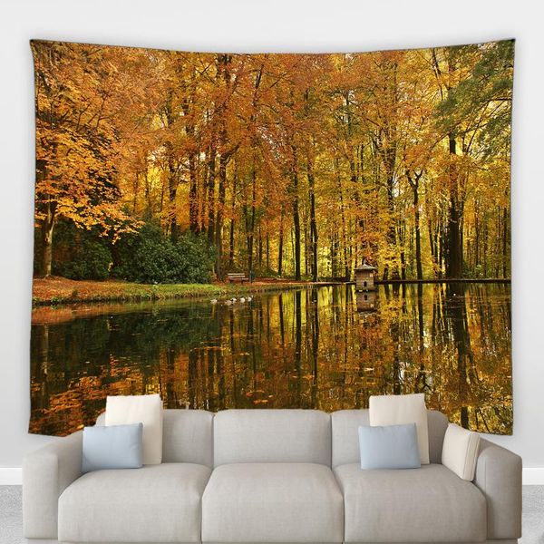

tapestries autumn forest scenery big tapestry lake birch forests yellow leaves garden mountain landscape wall hanging blankets decor mural