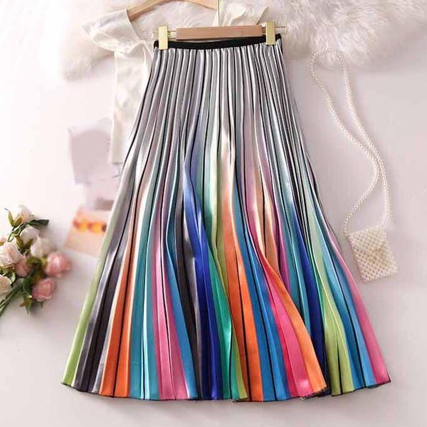 

skirts metallic silver multicolor rainbow stripe pleated skirt elastic waist printed women a-line, Black