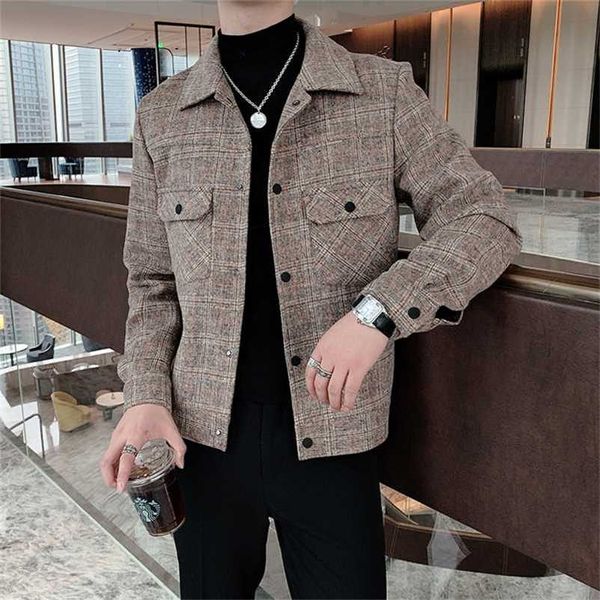 Winter Herren Wolle Trenchcoat Jacke Kurze Slim Fit Casual Mäntel Koreanische Plaid Steetwear Windjacke Turndown Kragen Outwear 211122