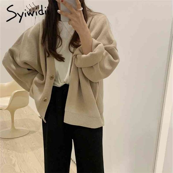 

syiwidii oversized knitted cardigan harajuku brown sweater autumn winter korean casual vintage black warm coat 210922, White;black