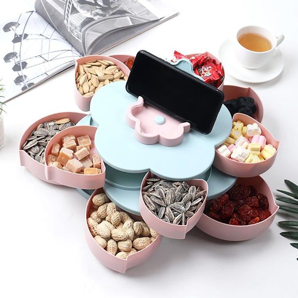 

petal rotating candy box double-layer flower-shaped fruit tray snack containing multi-functional plastic dried storage bottles & jars