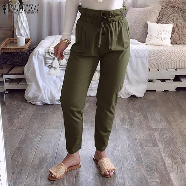 

women's ruffle elastic waist pants capris 2021 summer button up trouser casual solid drawstring bottoms femme s-5xl &, Black;white