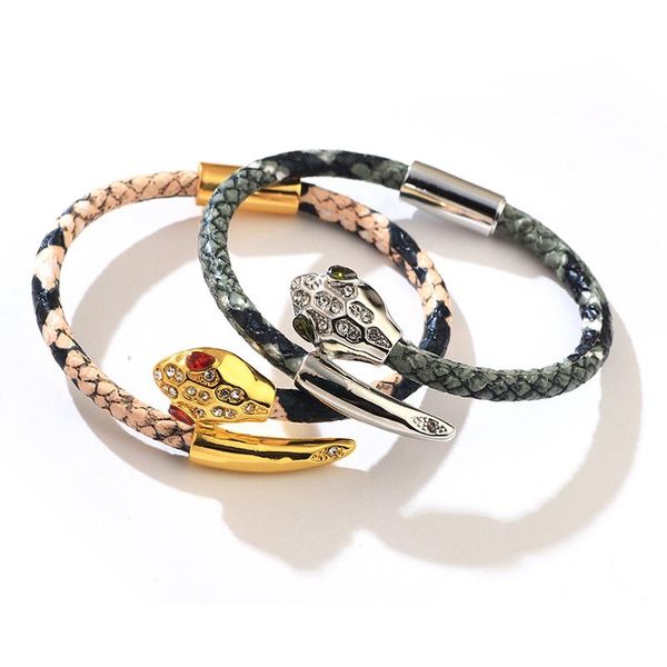 

charm bracelets gothic punk leather snake bracelet for men streetwear personality adjustable pattern bangle indie grunge jewelry p89, Golden;silver
