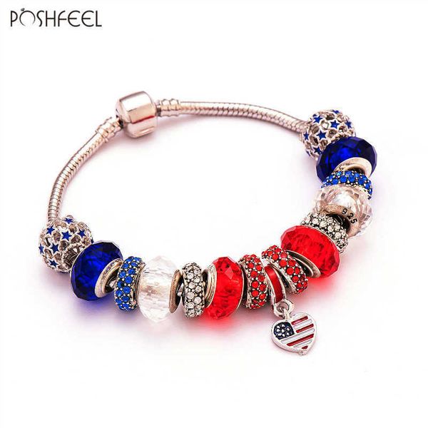 

poshfeel heart shaped american usa flag charm bracelet women diy beads jewelry bracelet patriotic style pulsera mbr170093 210910, Golden;silver