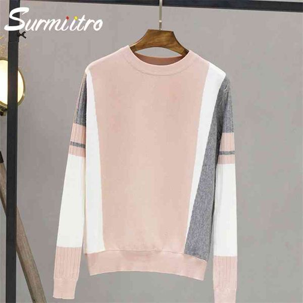 

sweater female autumn winter fashion patchwork knitted jumper for women ladies pullover tricot knitwear pink 210421, White;black
