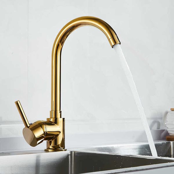 Luxo Gold Kitchen Torneira Gold Brass para Frio e Misturador Torneira Torneira Torneira Vegetal Bacia Escova Brass 210724