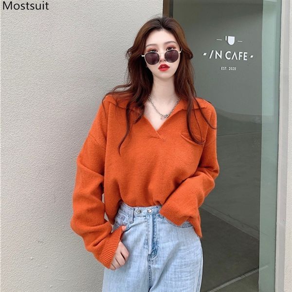 

spring autumn women sweater vintage loose ladies jumpers korean fashion long sleeve v-neck knitted pullover 210518, White;black