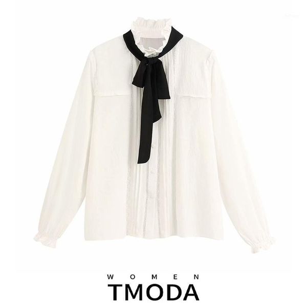 

women's blouses & shirts tmoda1020 chiffon office lady lace summer ruffled collar beaded tassel long-sleeved women elegant outwear, White