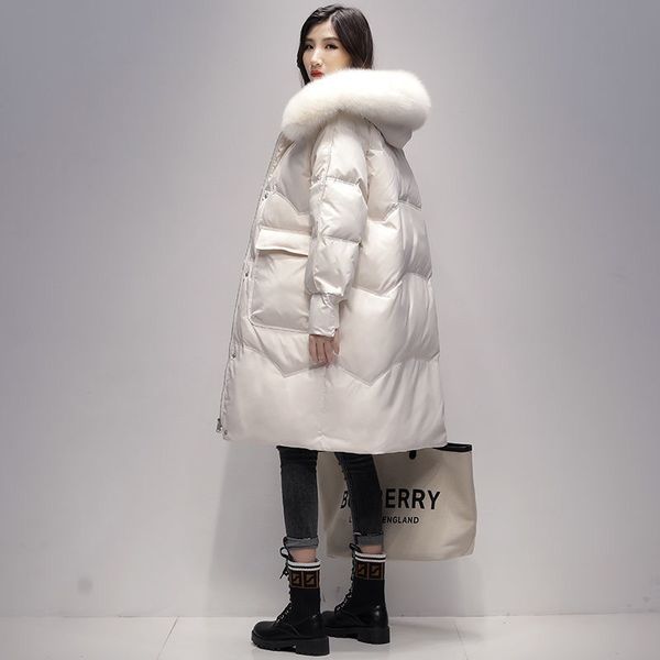 

white duck female zhang beibei 2021 winter new korean large pocket long loose down jacket, Black