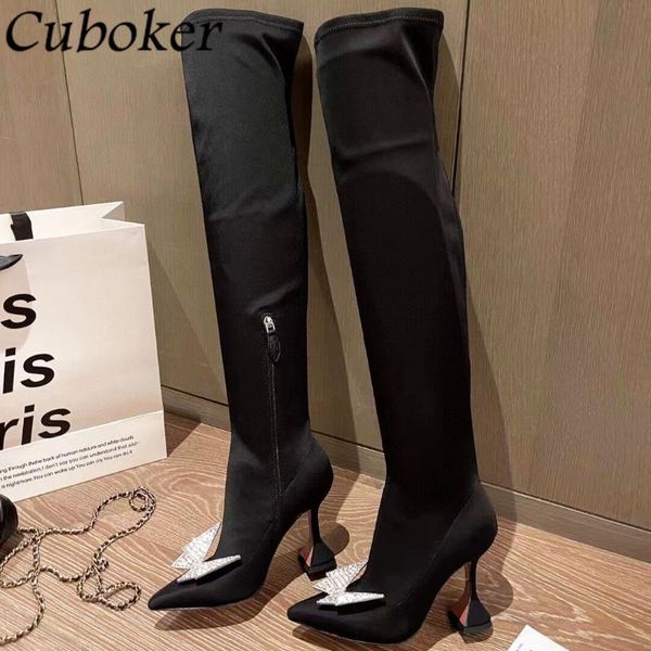

boots cup heel women long pointed toe bow-knot rhinestone decor brand designer female runway for botas 2021, Black