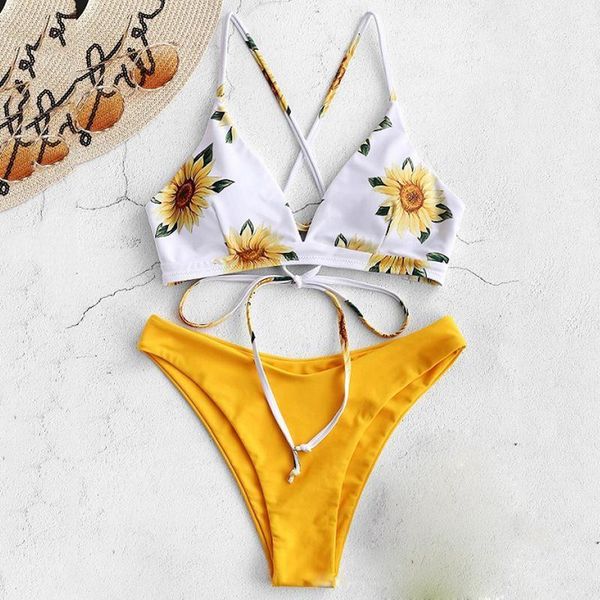 

bikinis bandage bikini set floral print swimwear women halter swimsuits patchwork bathing suits women's, White;black